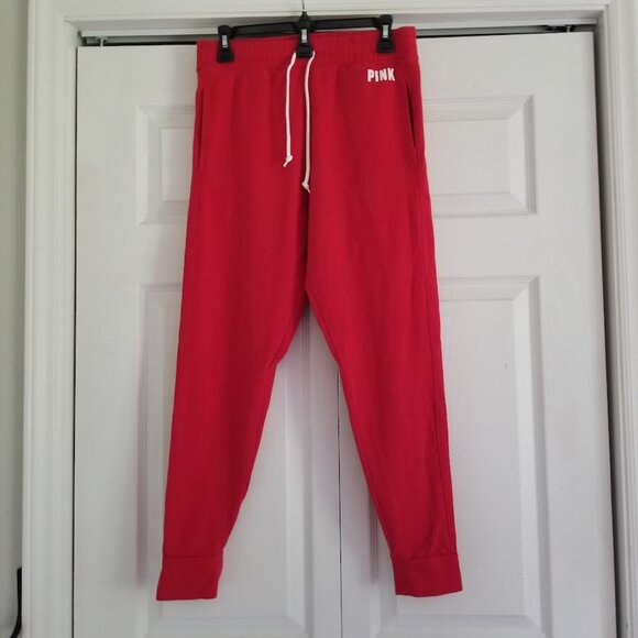 VS PINK Sweatpants Large Red White Logo Drawstring Pockets Tapered Comfort - Picture 5 of 8